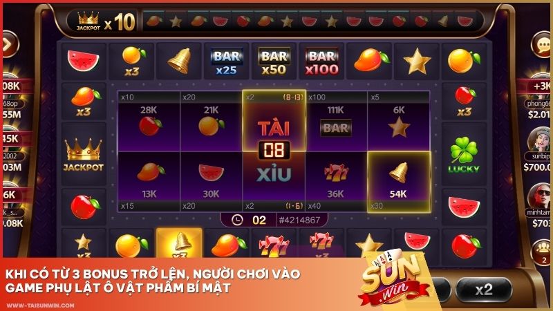 Khi có từ 3 BONUS trở lên, người chơi vào game phụ lật ô vật phẩm bí mật