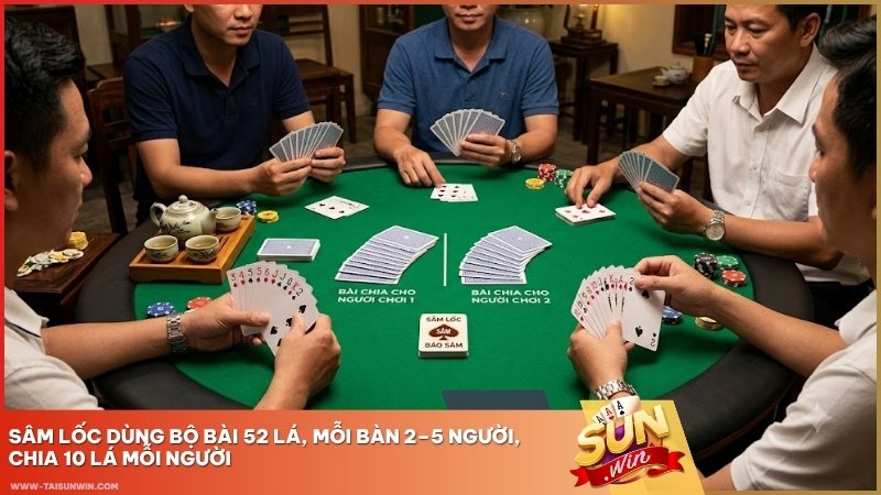 Sâm Lốc dùng bộ bài 52 lá, mỗi bàn 2–5 người, chia 10 lá mỗi người